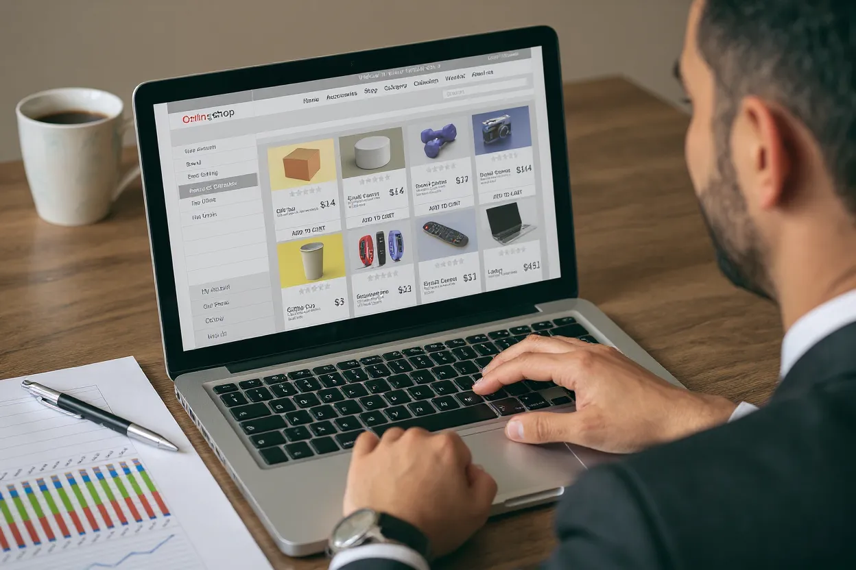 Ein Mann sieht sich Produkte auf einem Laptop in einem Onlineshop an.